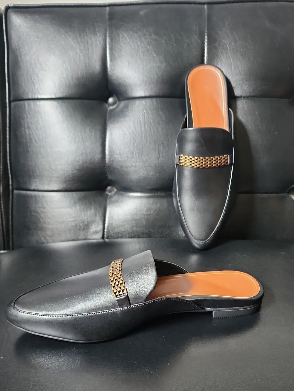 VIONIC Starling Black Leather Mules Slides Loafers Arch Support Chain Link 8.5 - Picture 1 of 12